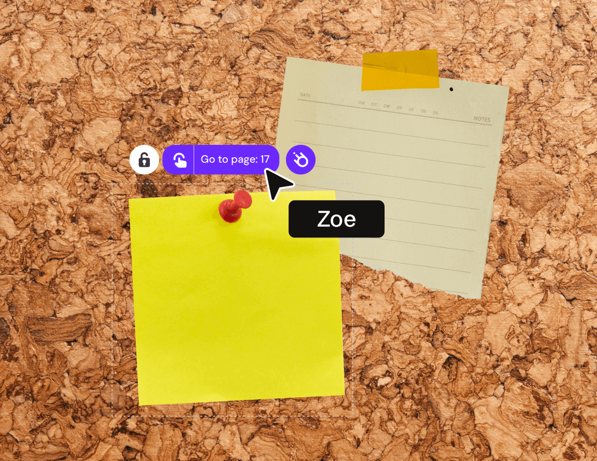 An interactive image of Genially with a sticker board showing a go to page interactivity.